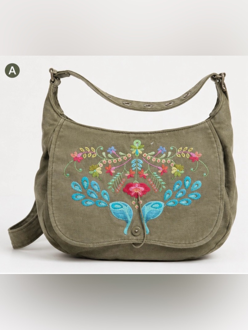 Serena & Lily Olive Green Embroidered Shoulder Bag with Blue Accents